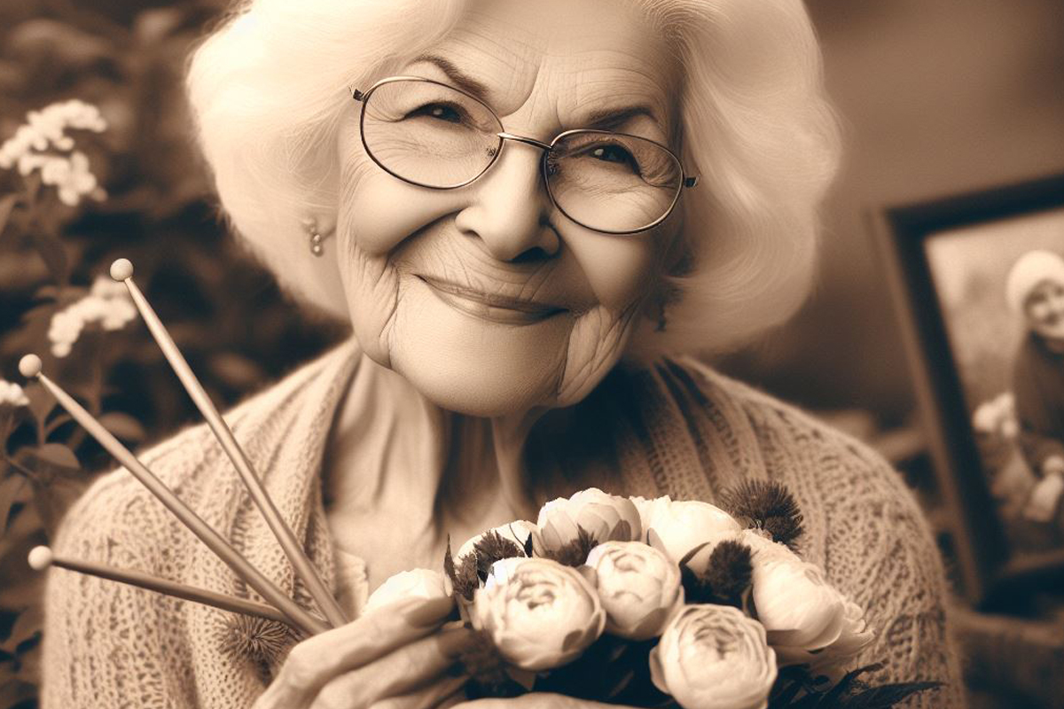 Babcia z kwiatami.